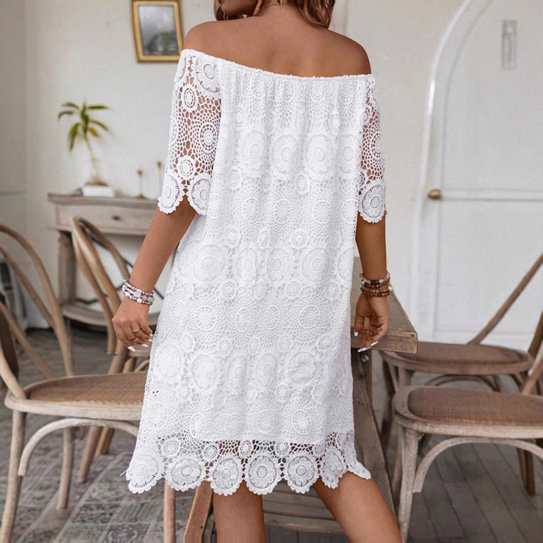 Solid Color Cut-out Lace Dress With Collar