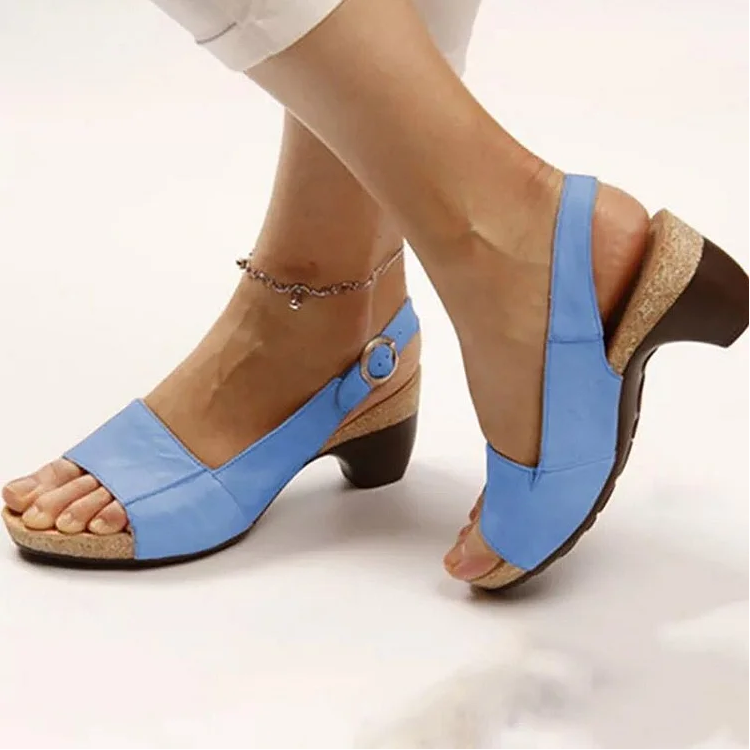 Women's Solid Color Block Heel Buckle Sandals