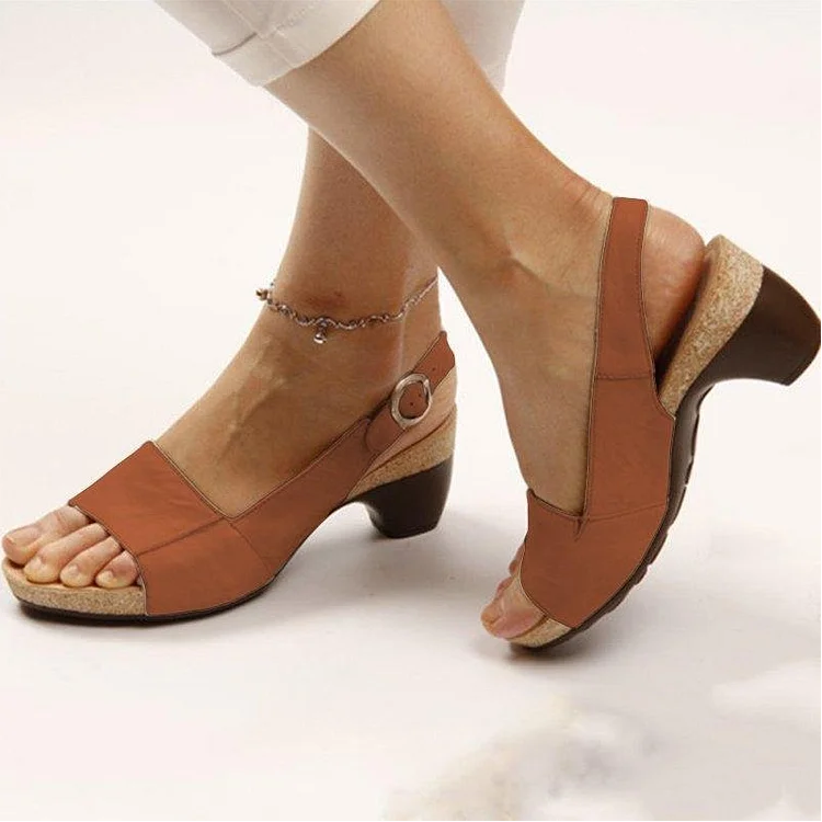Women's Solid Color Block Heel Buckle Sandals
