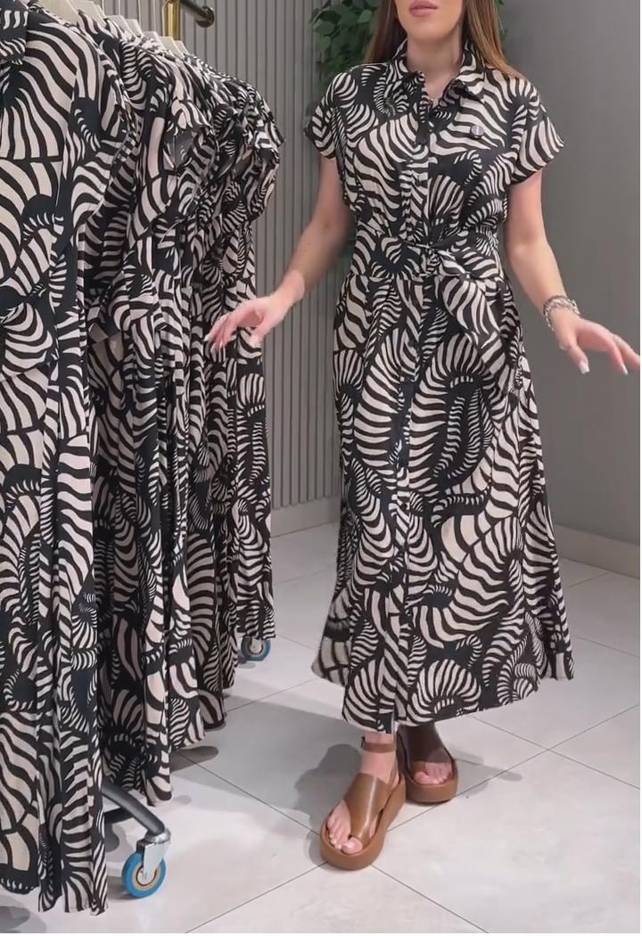 Women's Printed Shirt Collar Midi Shirt Dress With Belt