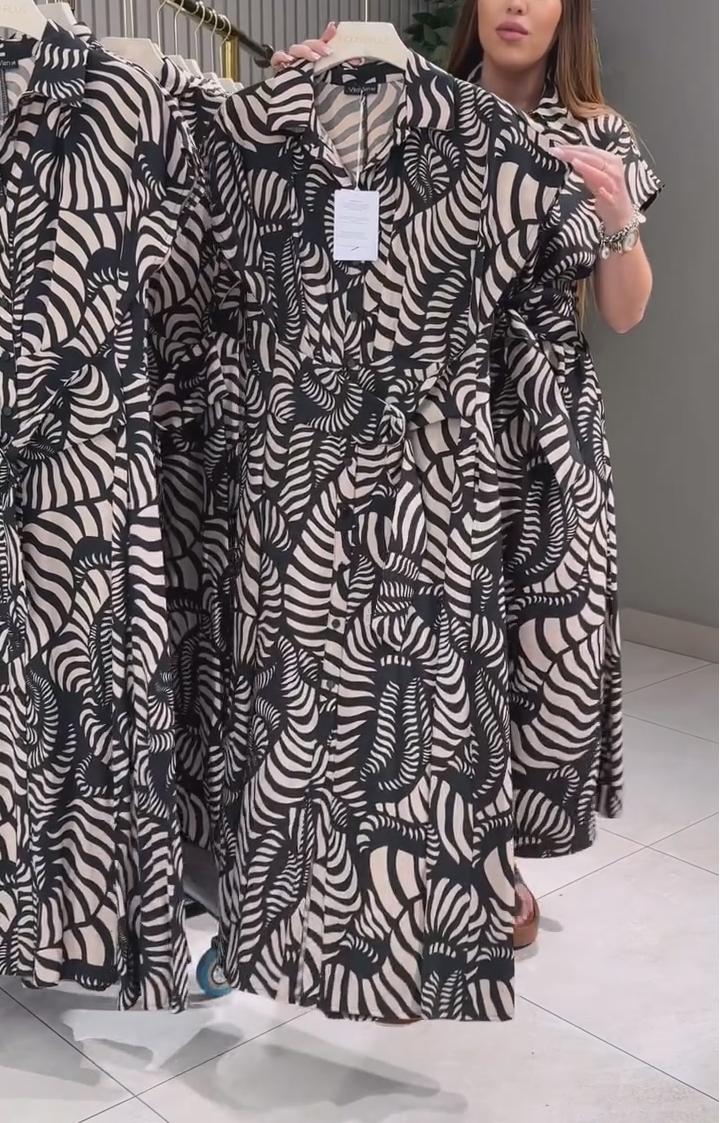 Women's Printed Shirt Collar Midi Shirt Dress With Belt