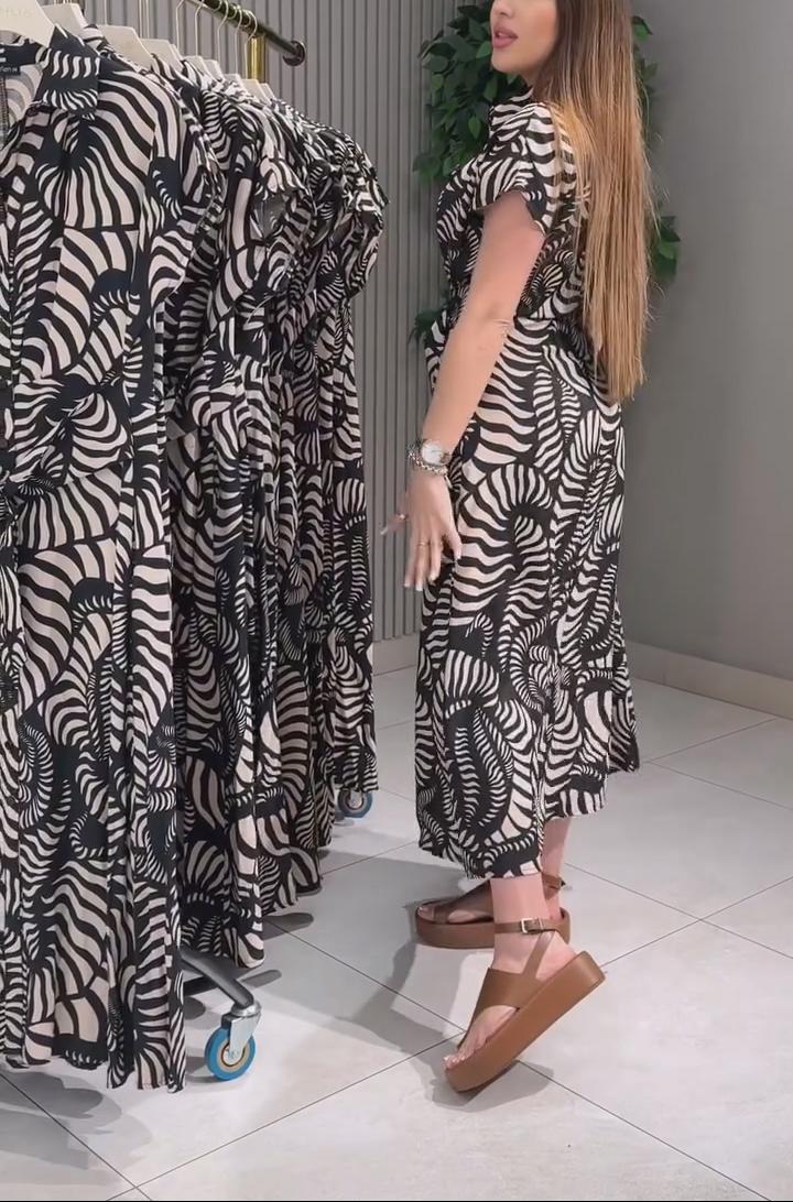 Women's Printed Shirt Collar Midi Shirt Dress With Belt