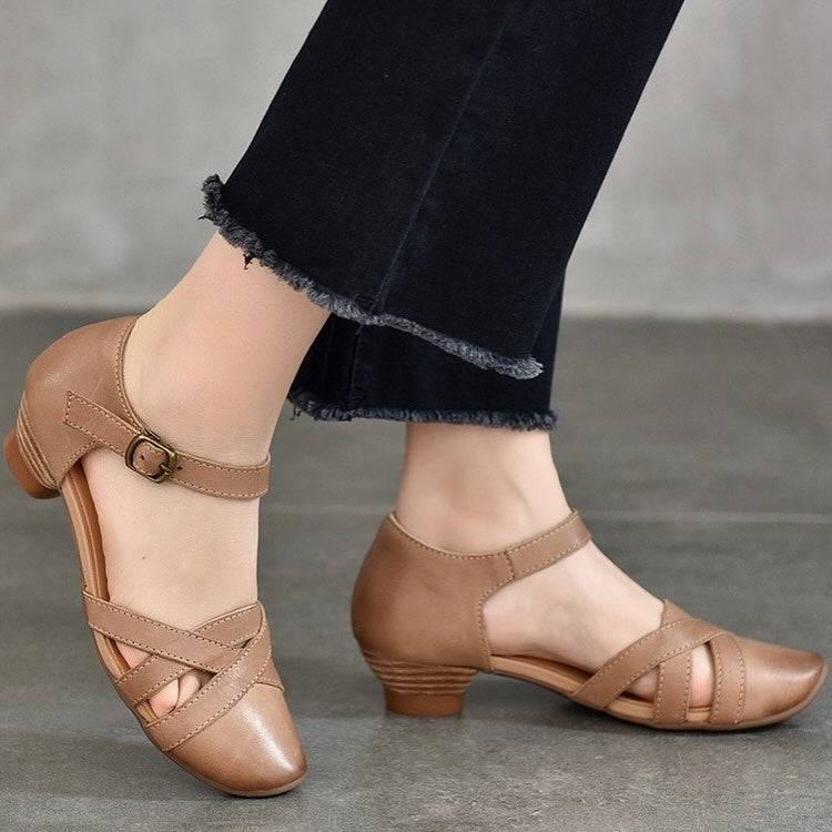 Closed Toe Openwork Mid-heel Sandals