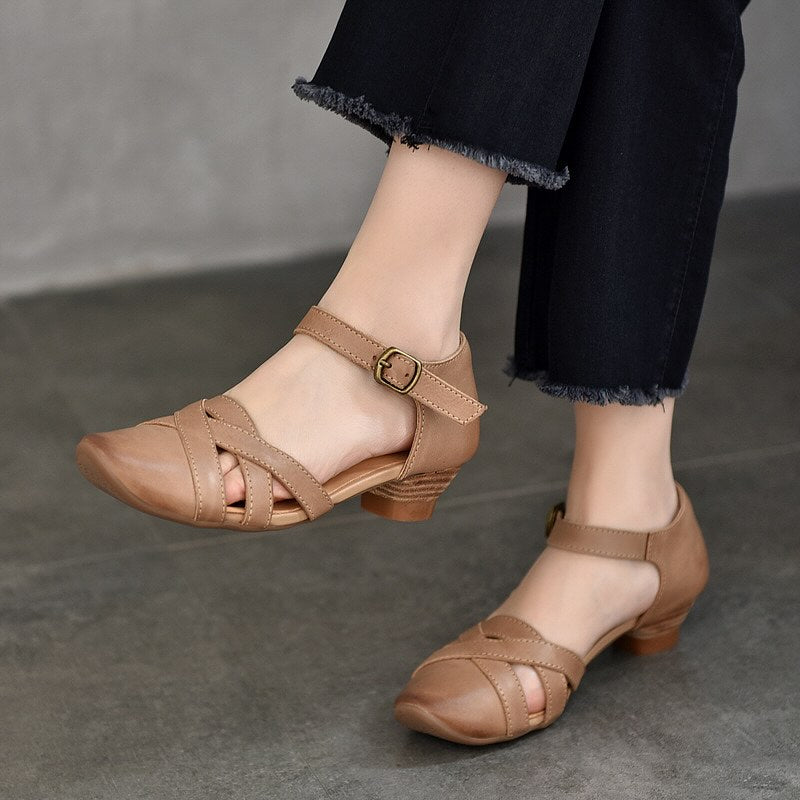 Closed Toe Openwork Mid-heel Sandals