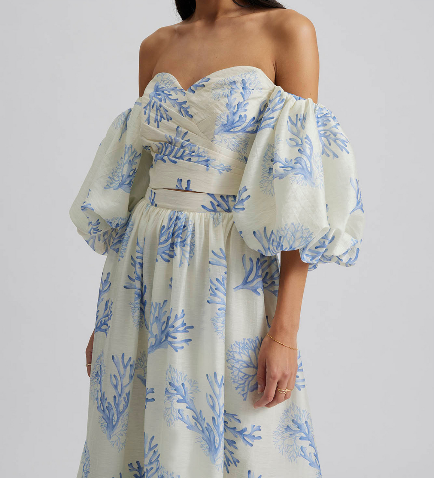 Blue Printed Bubble Sleeve Slim Dress