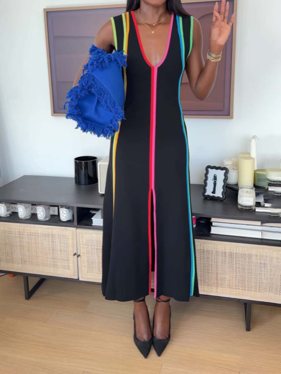 Deep V Neck Striped Stretch-knit Midi Dress