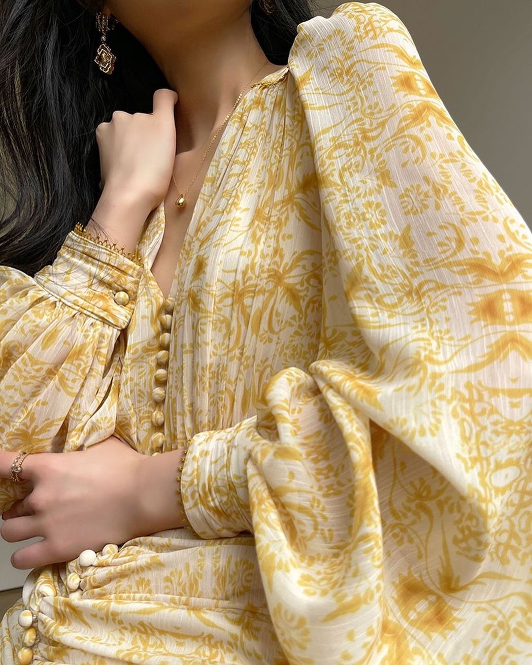 Yellow Printed Pleated Fishtail Mini Dress