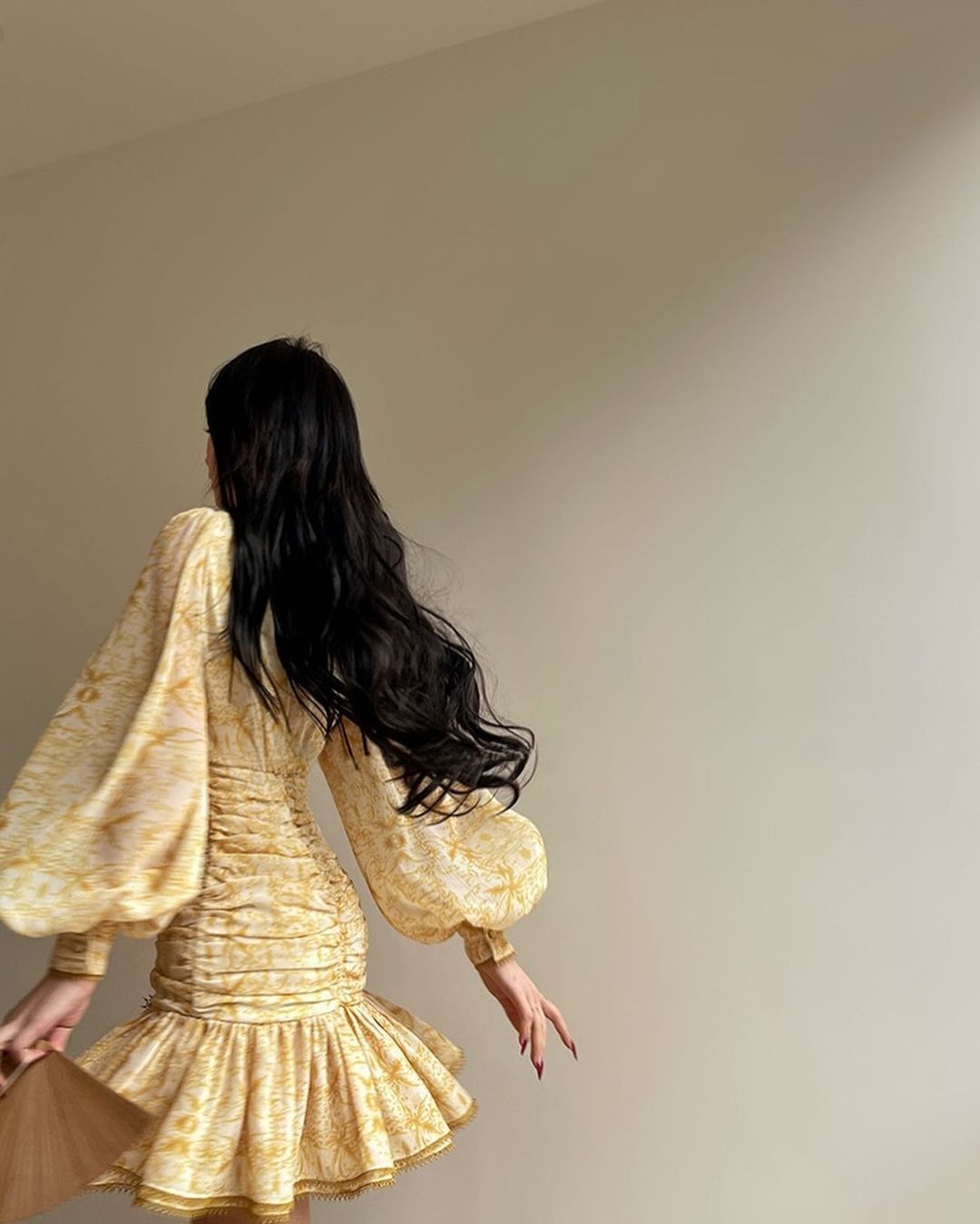 Yellow Printed Pleated Fishtail Mini Dress
