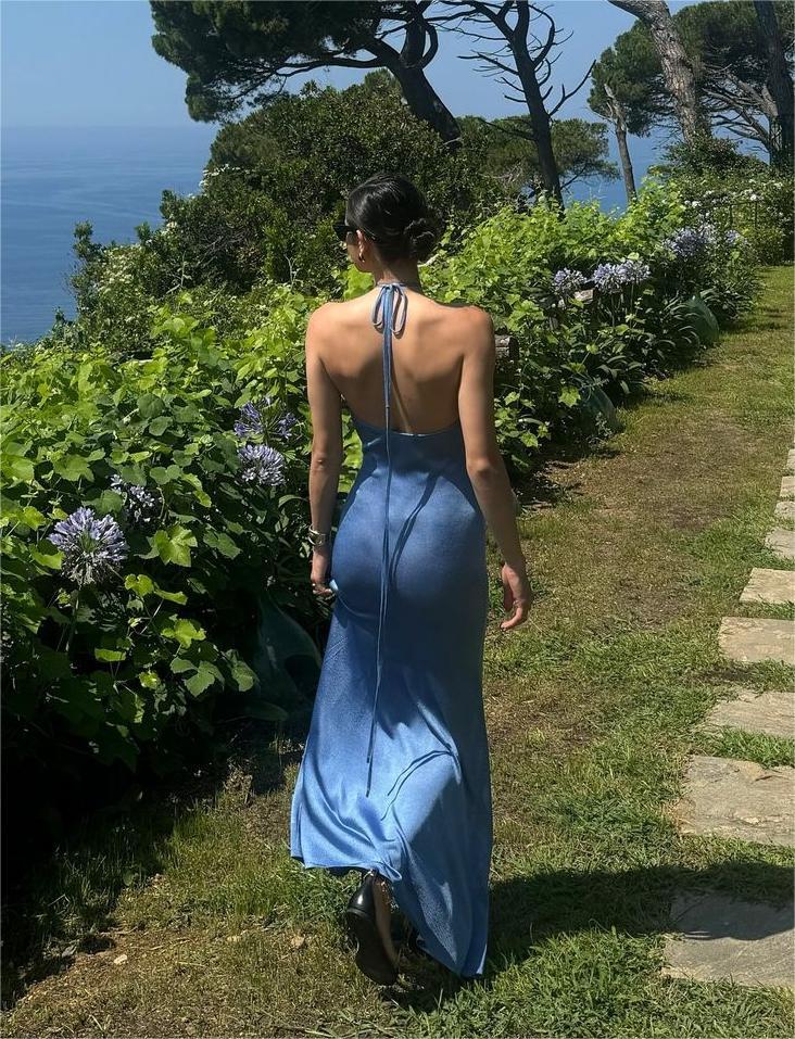 Blue V-neck Knit Halter Dress