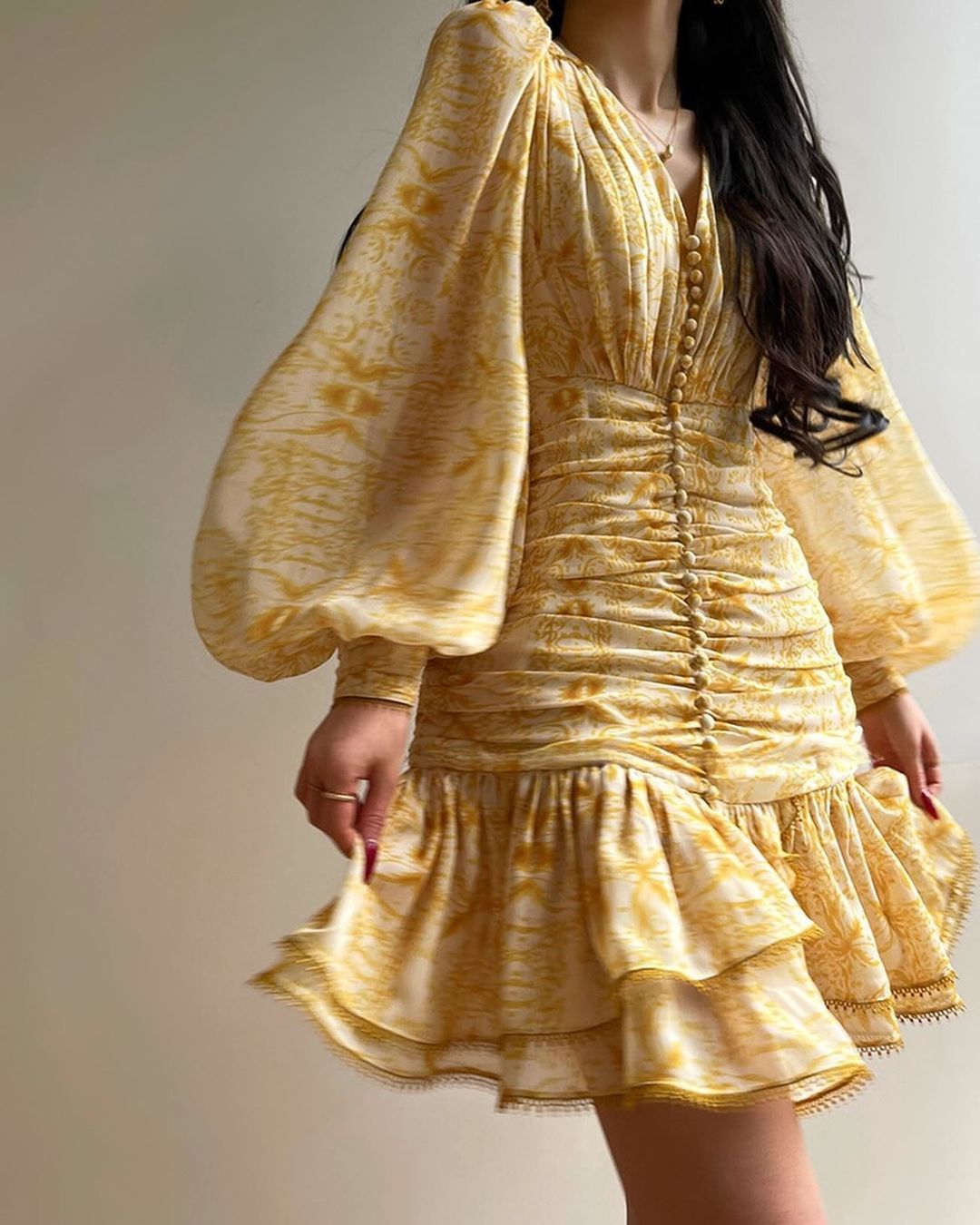Yellow Printed Pleated Fishtail Mini Dress