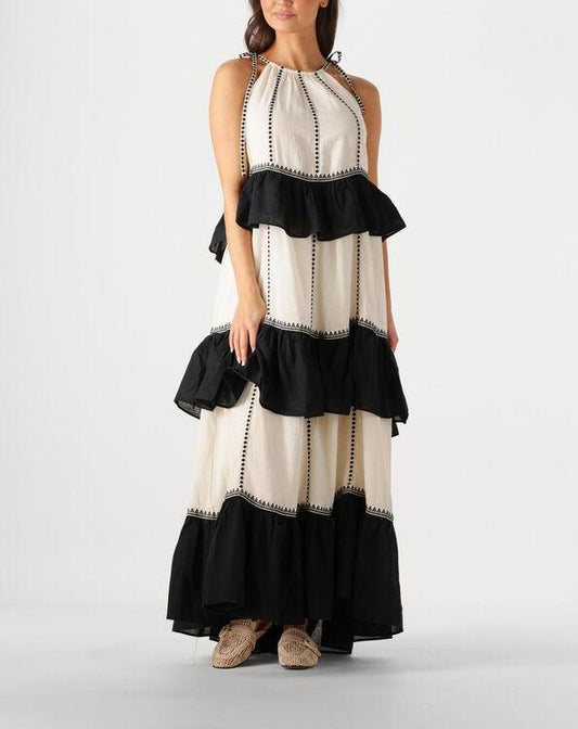 Black/White Tiered Ruffle Maxi Dress