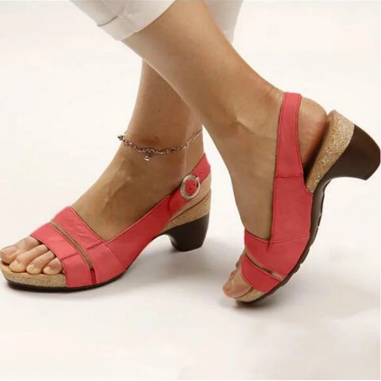 Women's Solid Color Block Heel Buckle Sandals