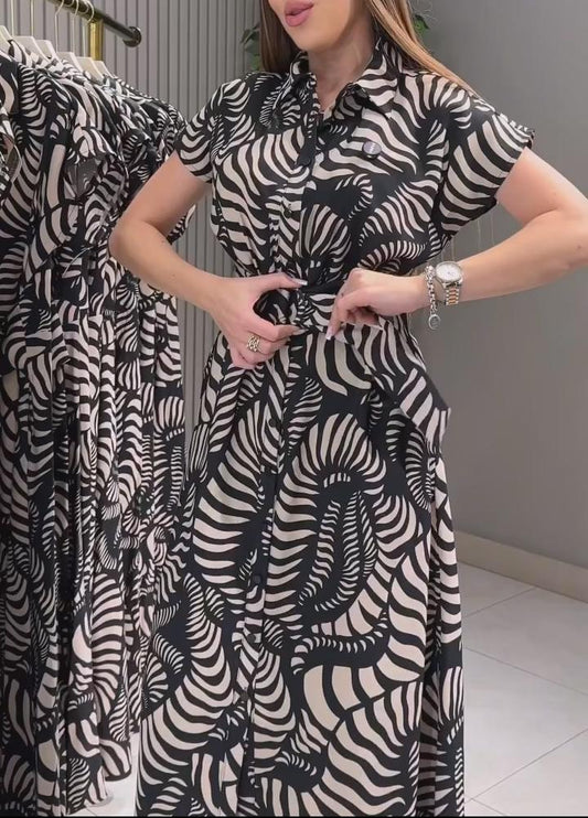 Women's Printed Shirt Collar Midi Shirt Dress With Belt