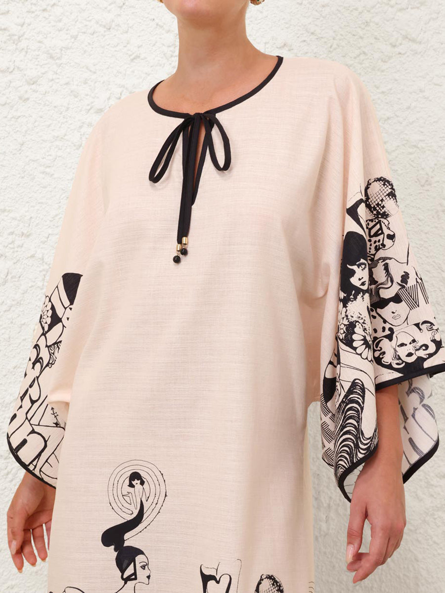 Placement Print Wide Sleeve V-neck Dress