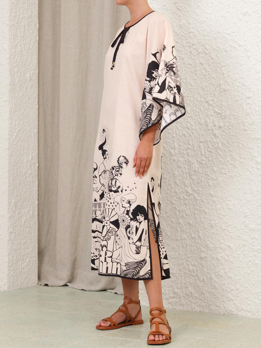 Placement Print Wide Sleeve V-neck Dress