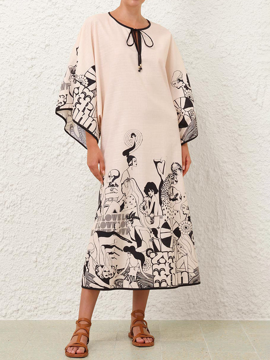 Placement Print Wide Sleeve V-neck Dress