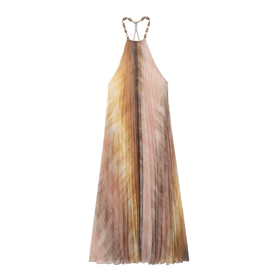 Tie-dye Halter Neck Pleated Backless Dress