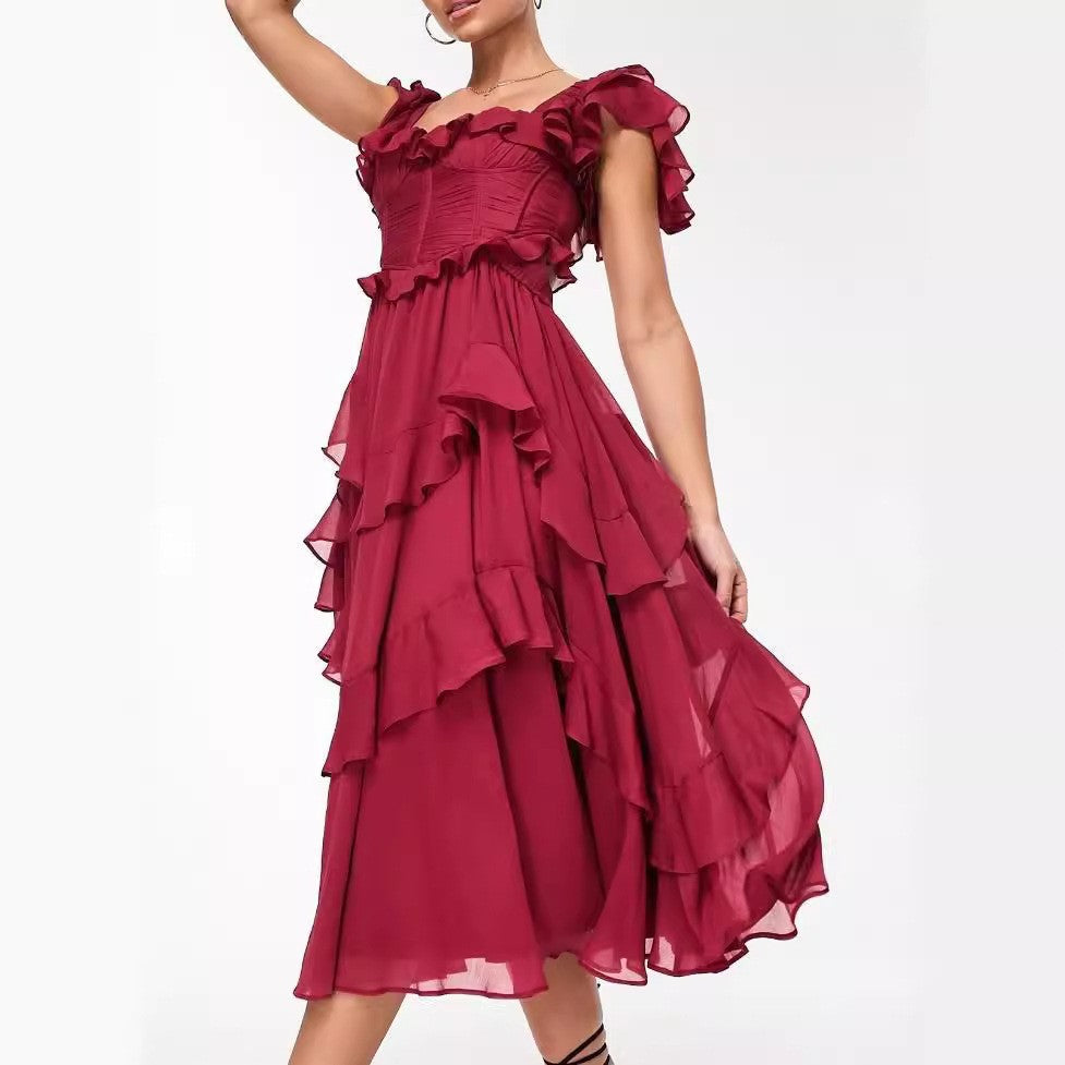 Red Chiffon Lace Backless Pleated Long Dress