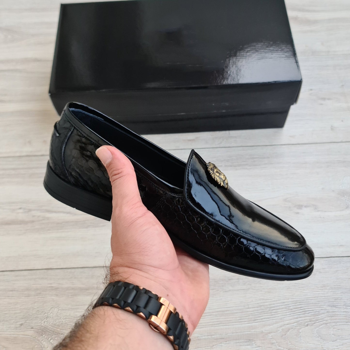 Men's Patent Leather Loafers - Lion Head Buckle