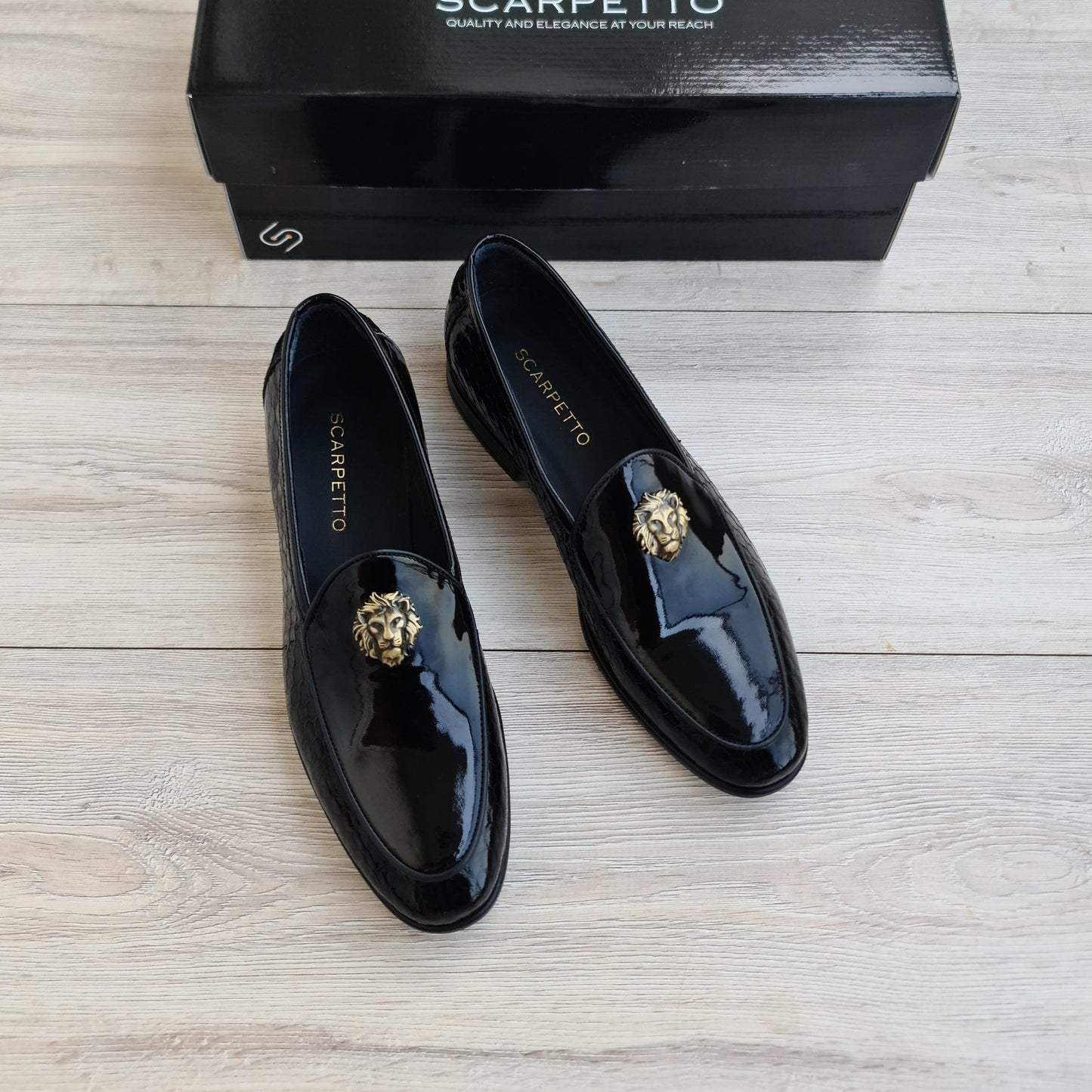 Men's Patent Leather Loafers - Lion Head Buckle