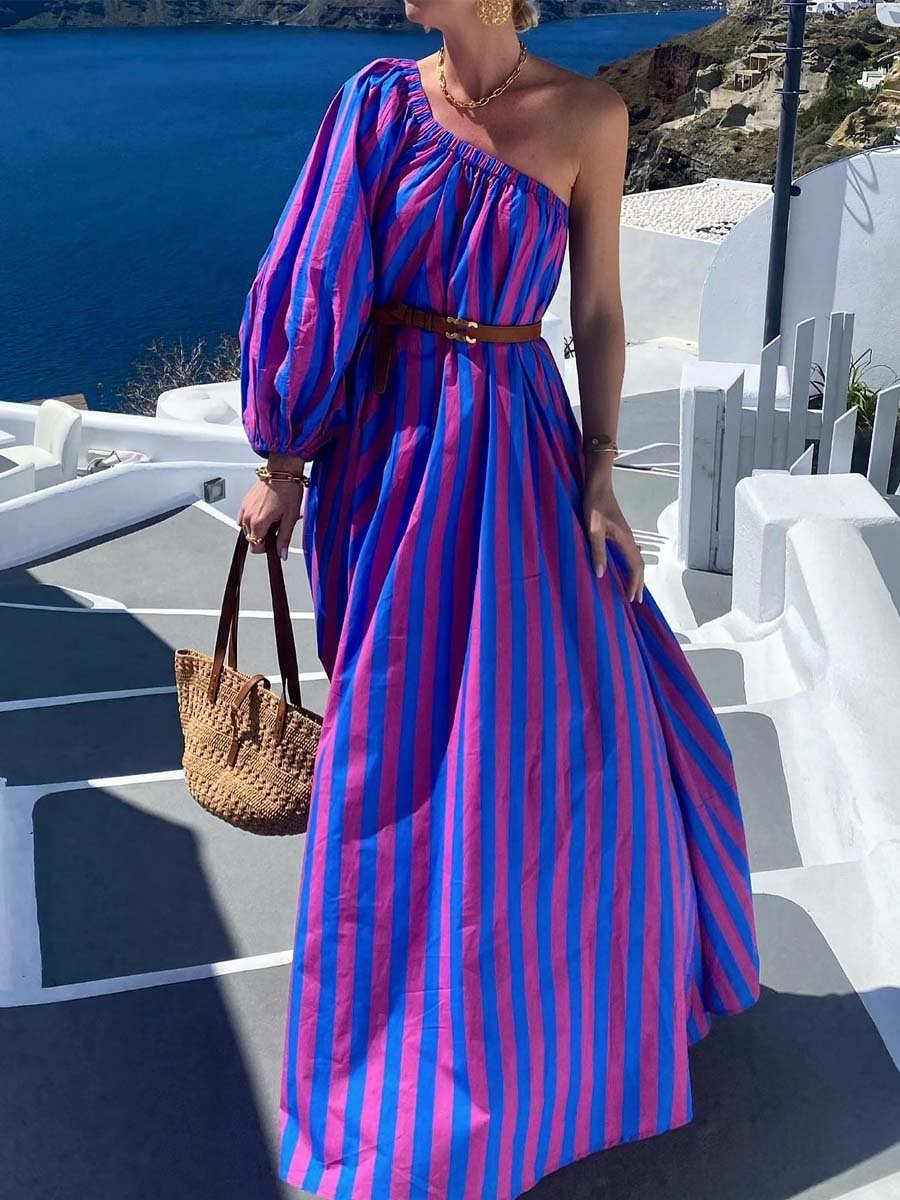 Striped Print One Shoulder Maxi Dress