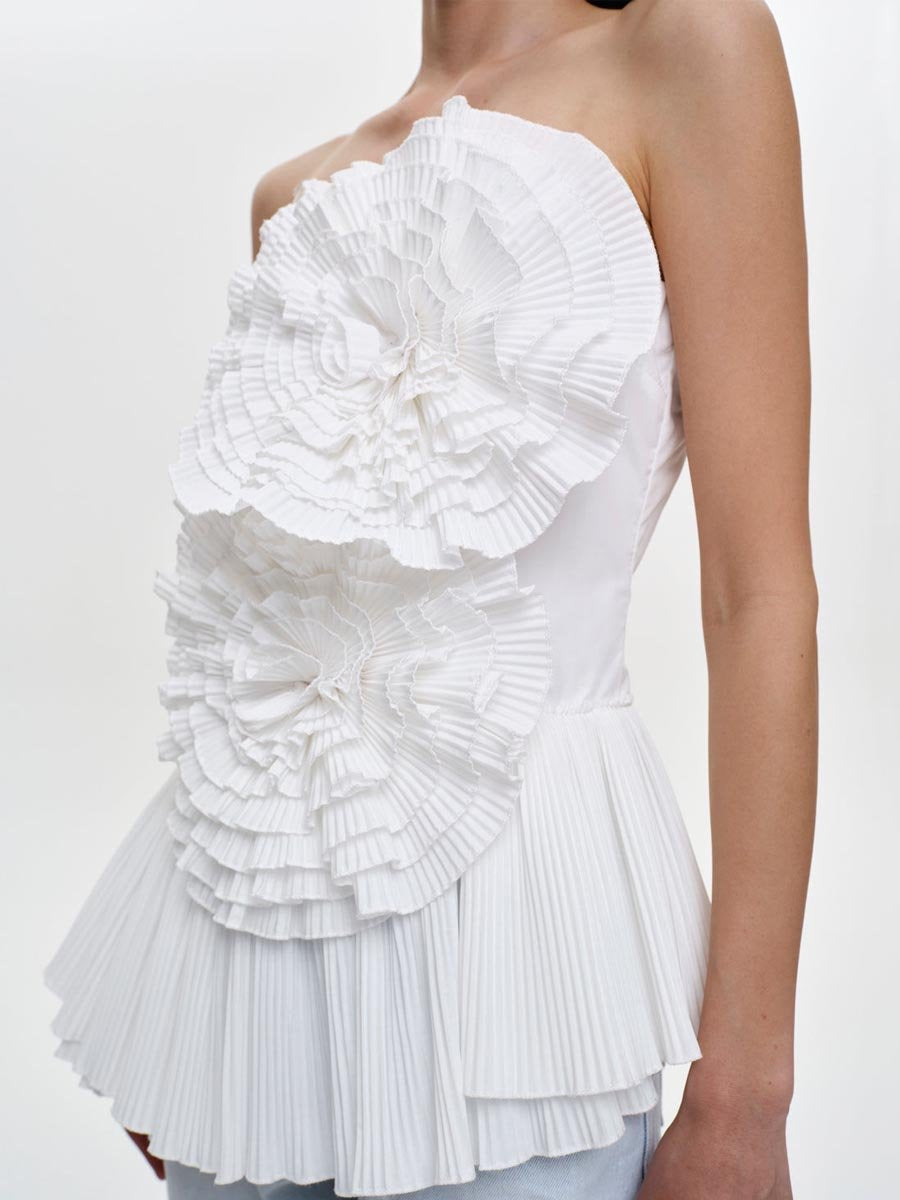 Strapless Pleated 3D Flower Irregular Ruffle Top