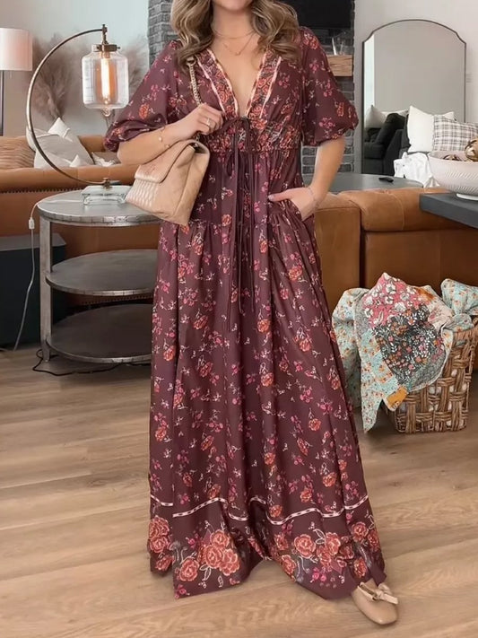 Floral Printed V Neck Bohemian Dress