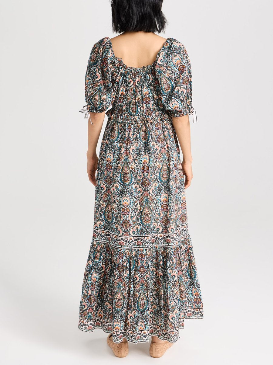 Printed Ruffled Puff Sleeve Maxi Dress