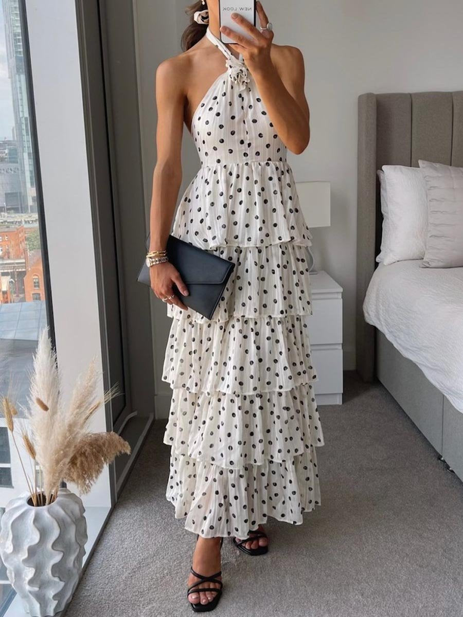 Polka Dot Halter Neck Tiered Maxi Dress