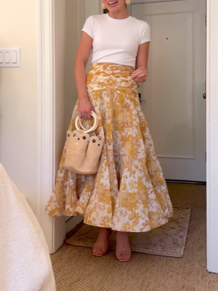 Printed High Waist Midi Skirt