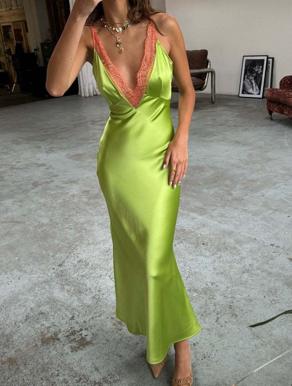 Deep V Lace Satin Green Dress