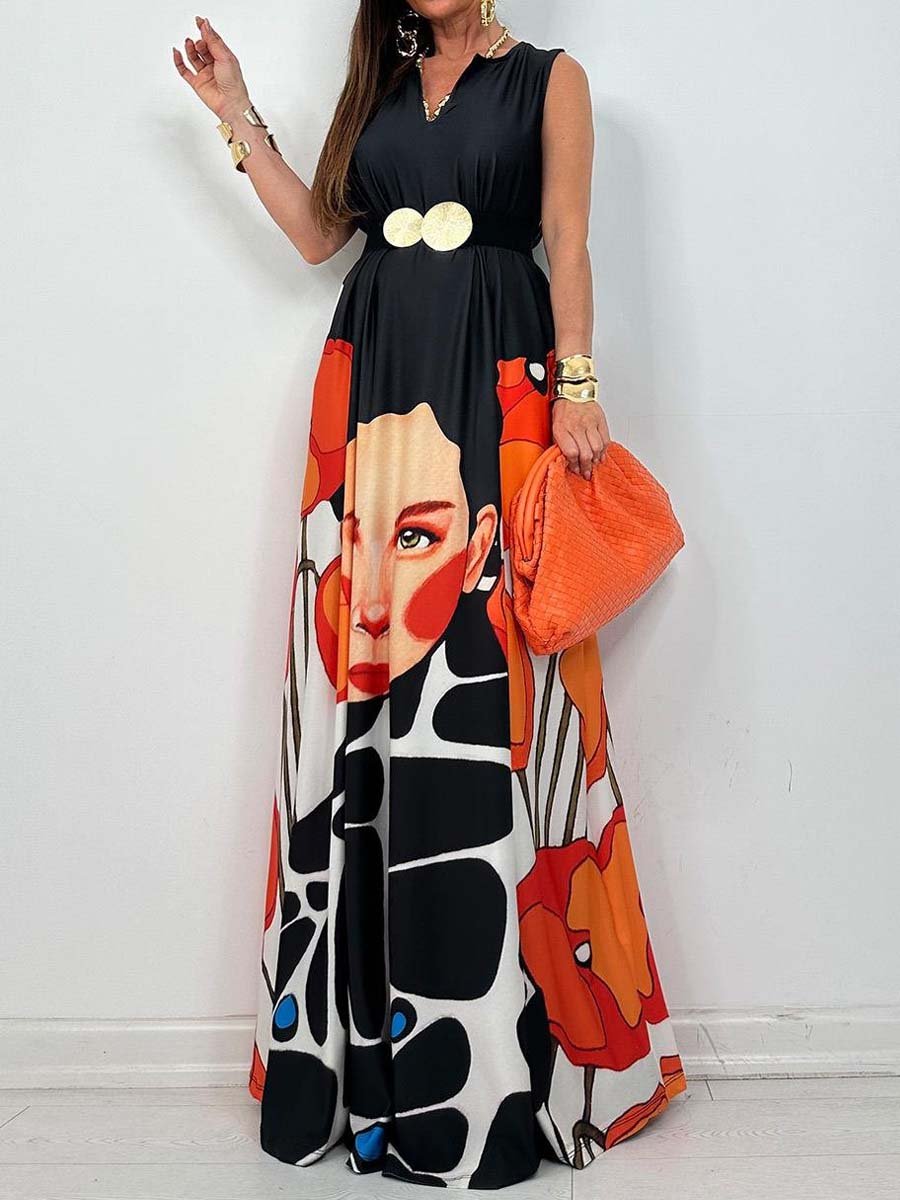 V Neck Sleeveless Printed Maxi Dress