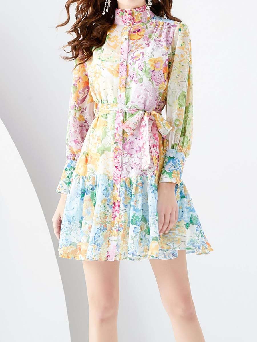 Stand Collar Lantern Sleeve Print Dress