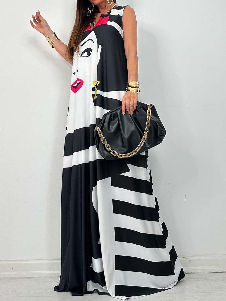 V Neck Sleeveless Printed Maxi Dress