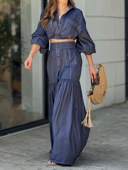 Denim Lantern Sleeve Two Pieces Dress