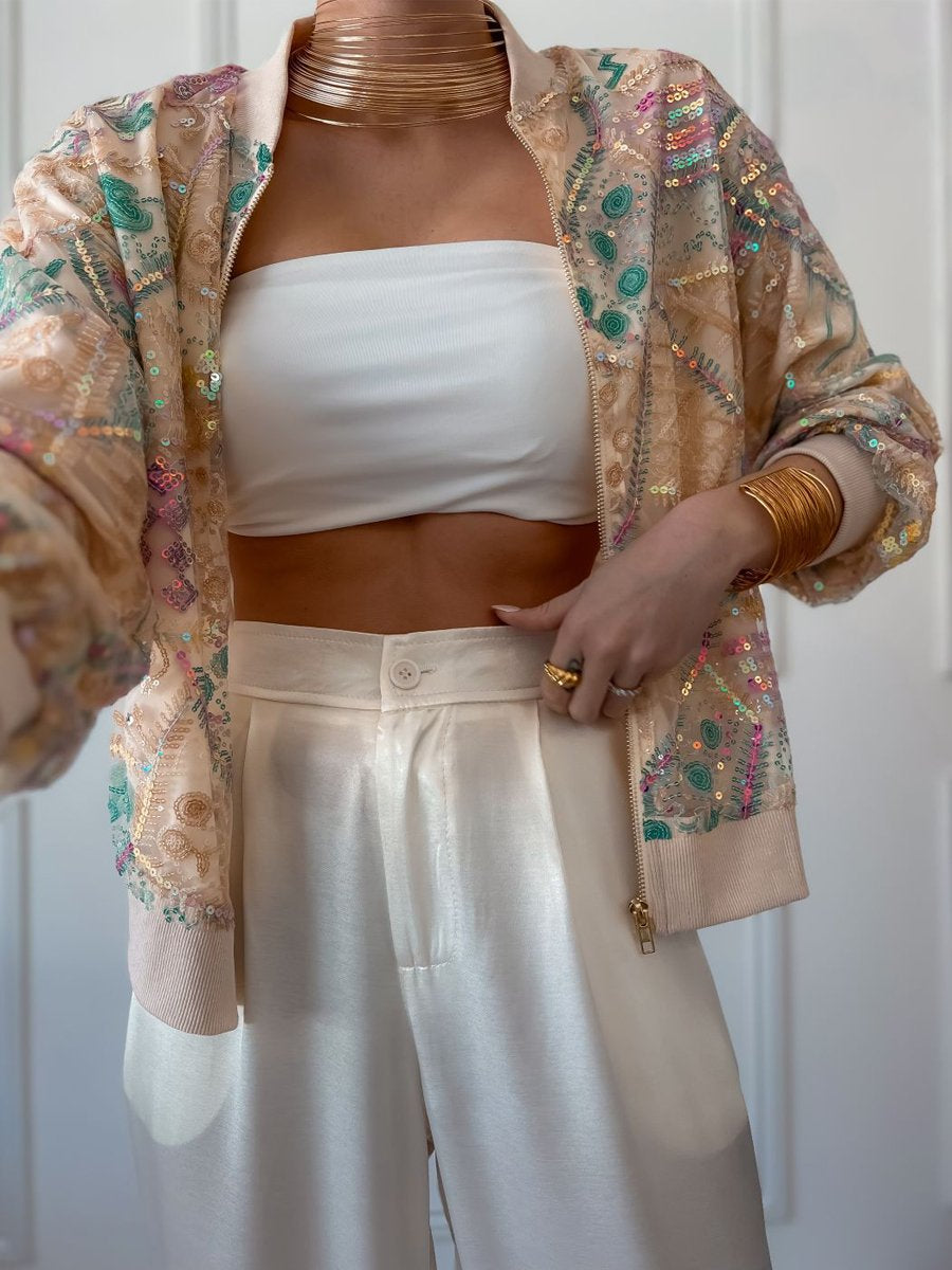 Sequin See-through Zip Up Bomber