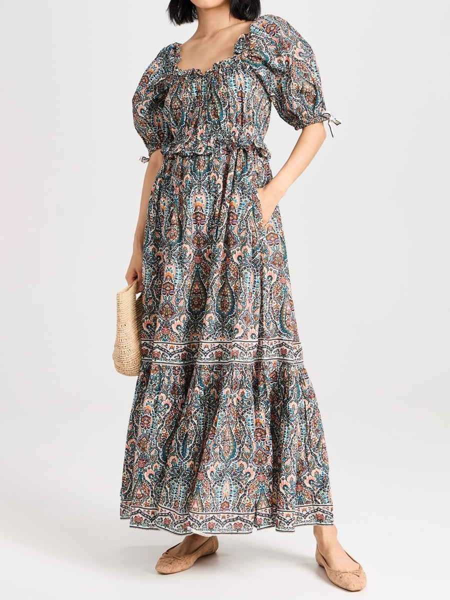 Printed Ruffled Puff Sleeve Maxi Dress