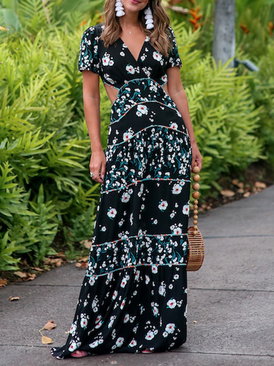 Floral Printed Short Sleeve Cutout Dress