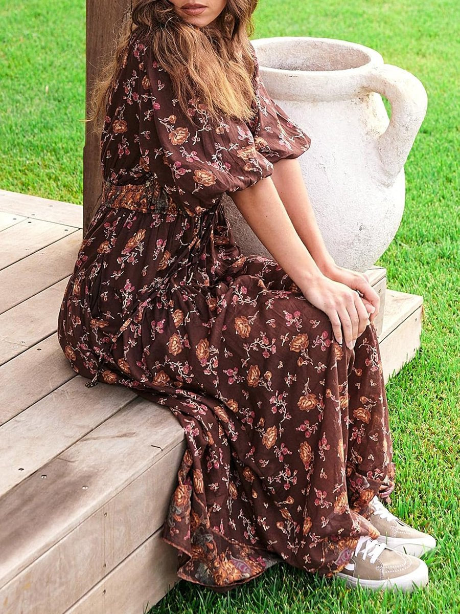 Floral Printed V Neck Bohemian Dress