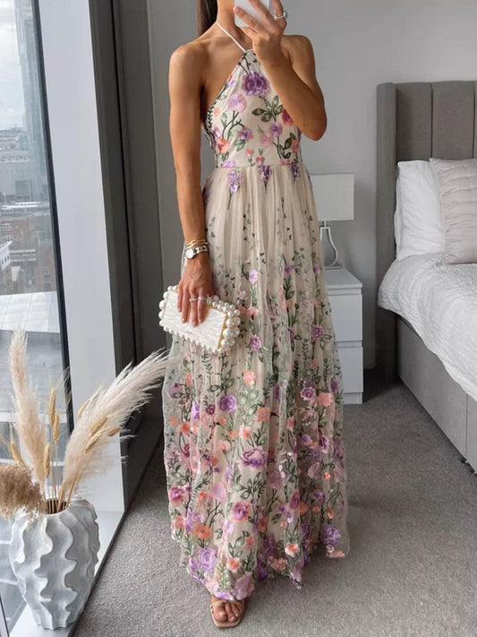 Embroidered Halter Neck Prom Maxi Dress