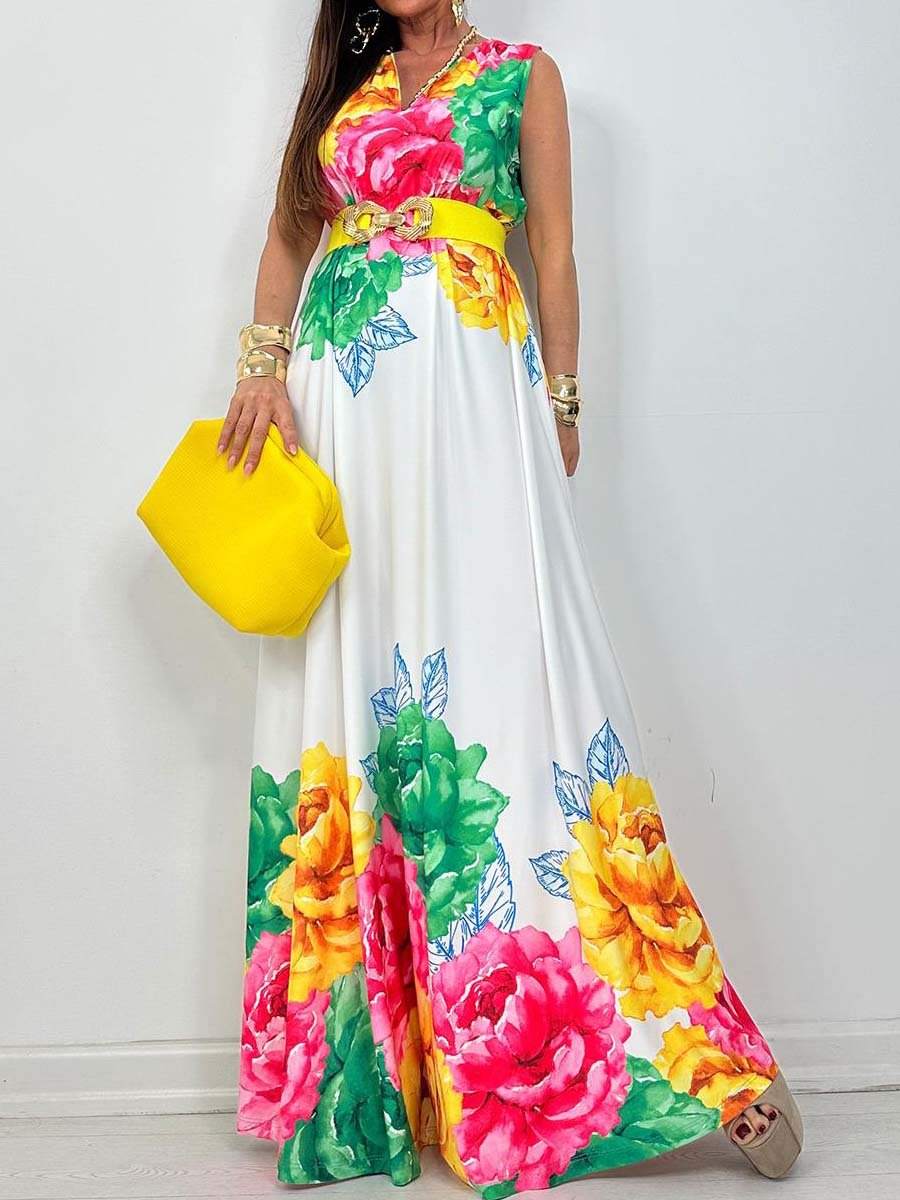 V Neck Sleeveless Printed Maxi Dress