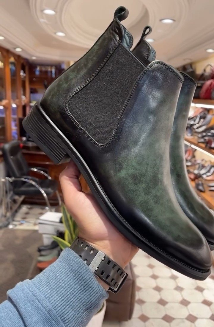 Green Leather Chelsea Boots