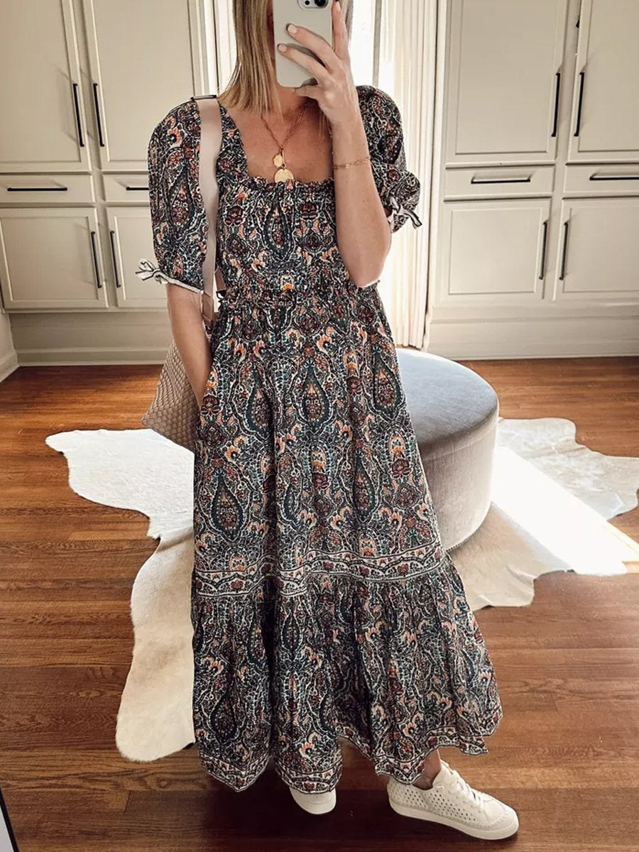 Printed Ruffled Puff Sleeve Maxi Dress