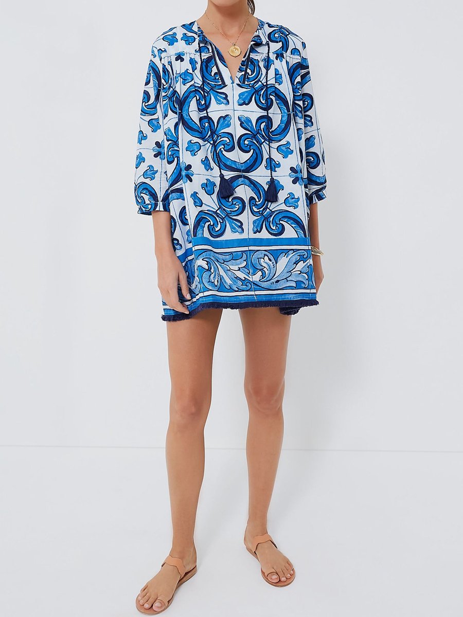 Tie Up Printed Loose Mini Dress