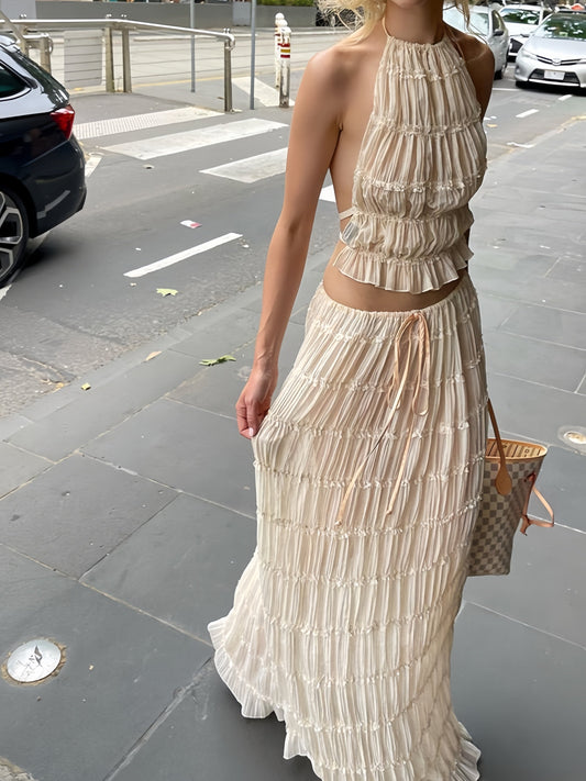 Backless Chiffon Pleated Dress Two-Piece Set