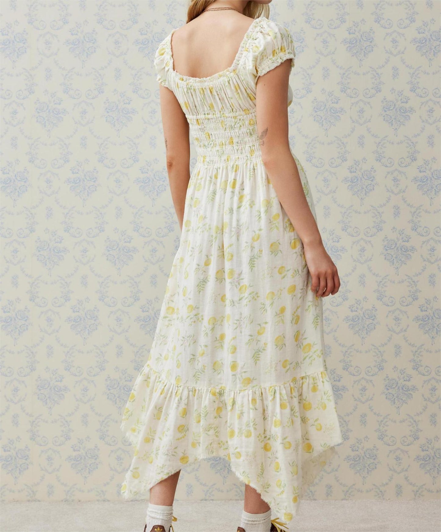 Light Yellow Floral Irregular Hem Dress