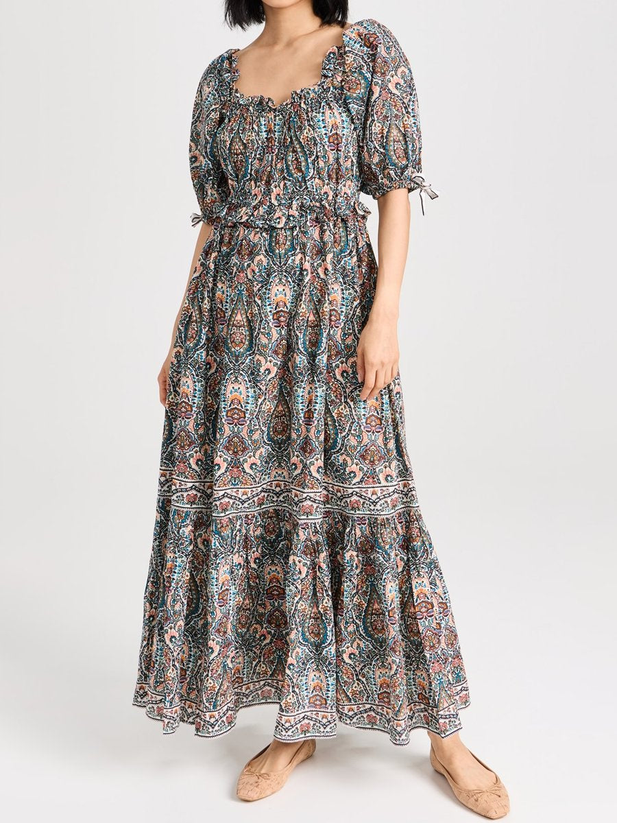 Printed Ruffled Puff Sleeve Maxi Dress