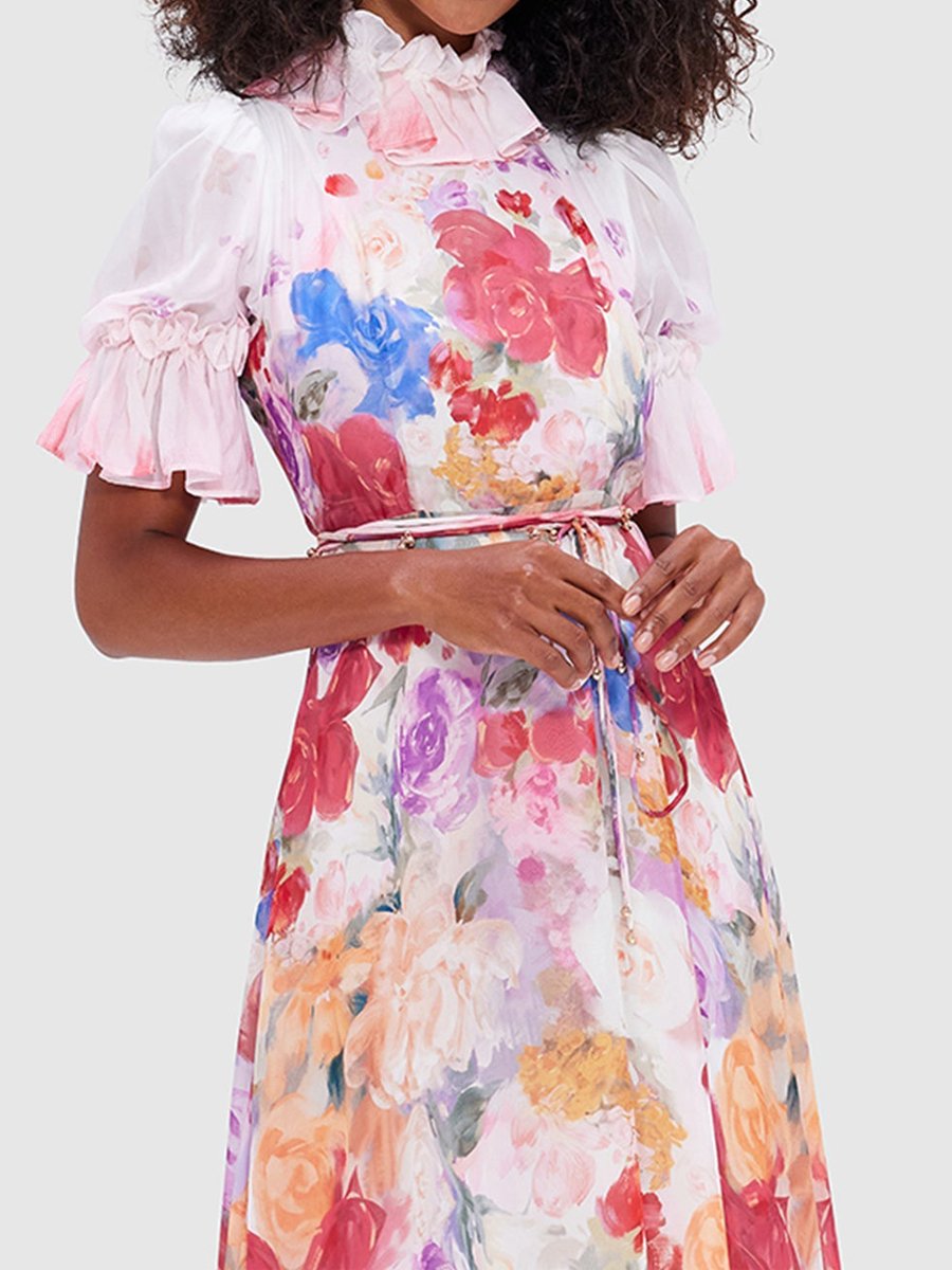 Placement Print Stand Collar Flower Dress