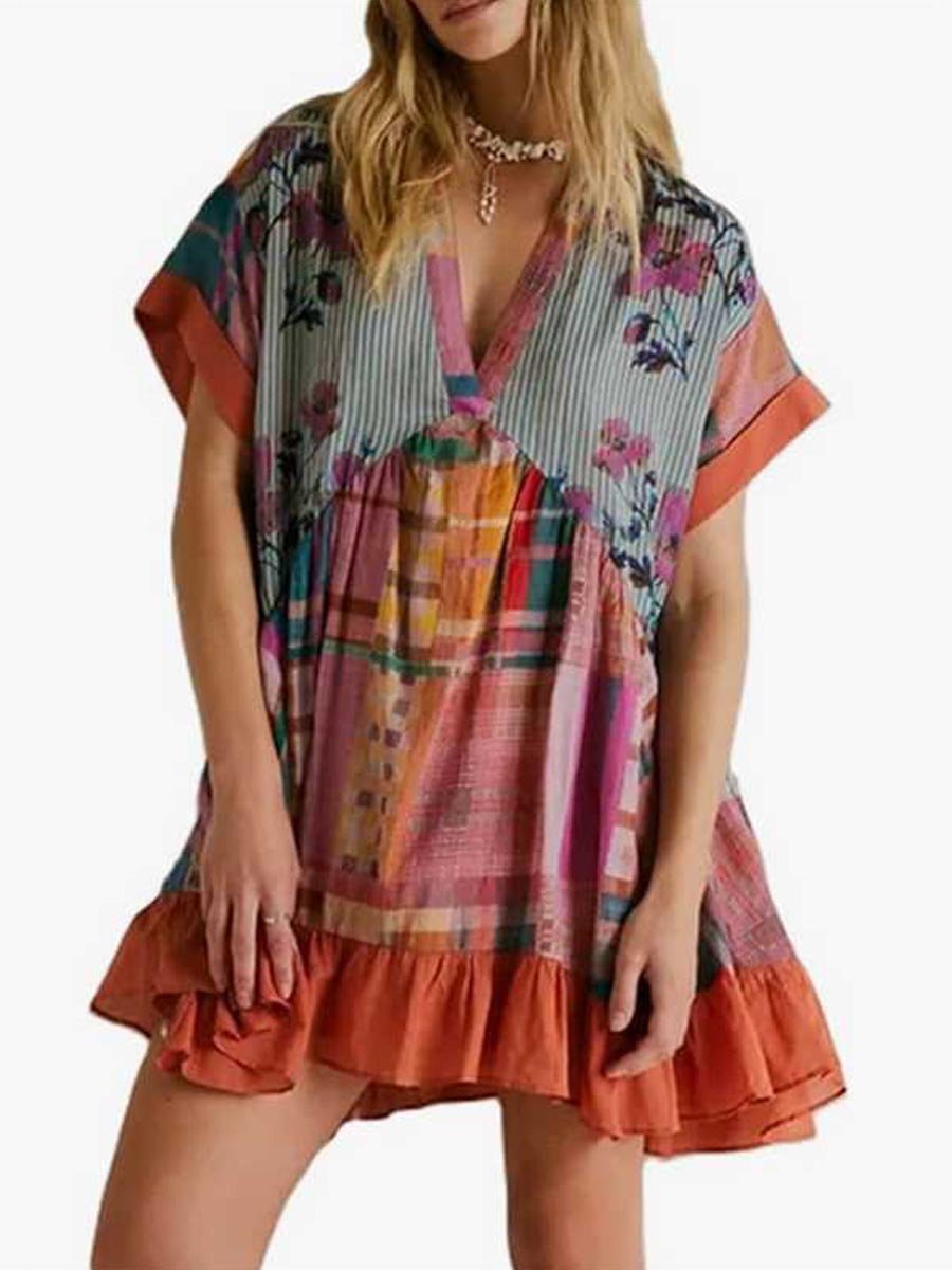 Bohemian Printed Short Sleeve Pocket V Neck Dress