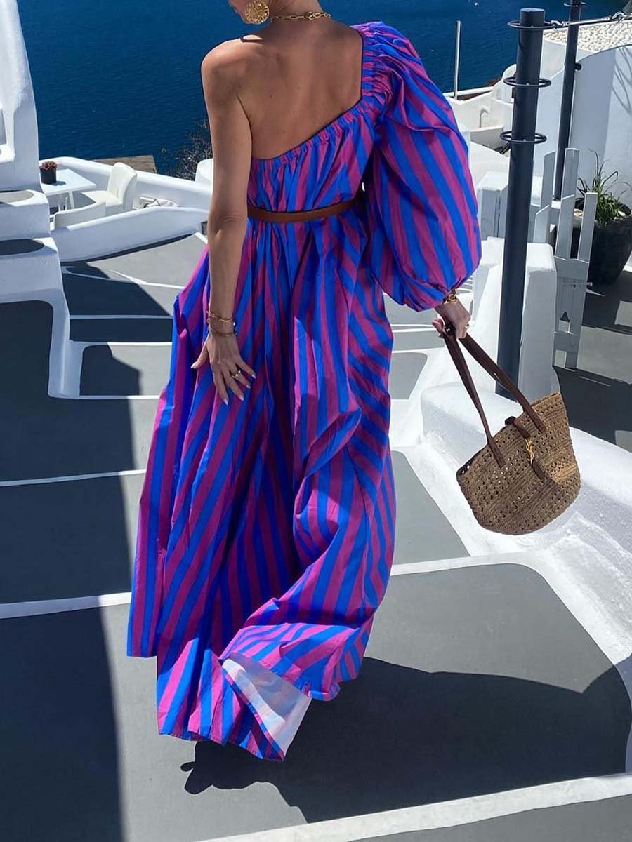 Striped Print One Shoulder Maxi Dress